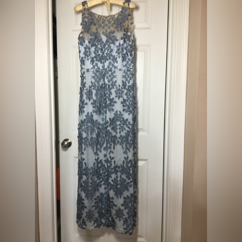 JS Collections Light Blue and Navy Lace Appliqué Evening Gown - Picture 7 of 13